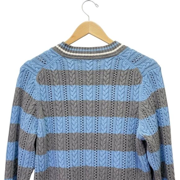 Liz Claiborne Cotton Cable Knit Sweater Size XL Blue Gray Stripe V-Neck VTG - Picture 9 of 12